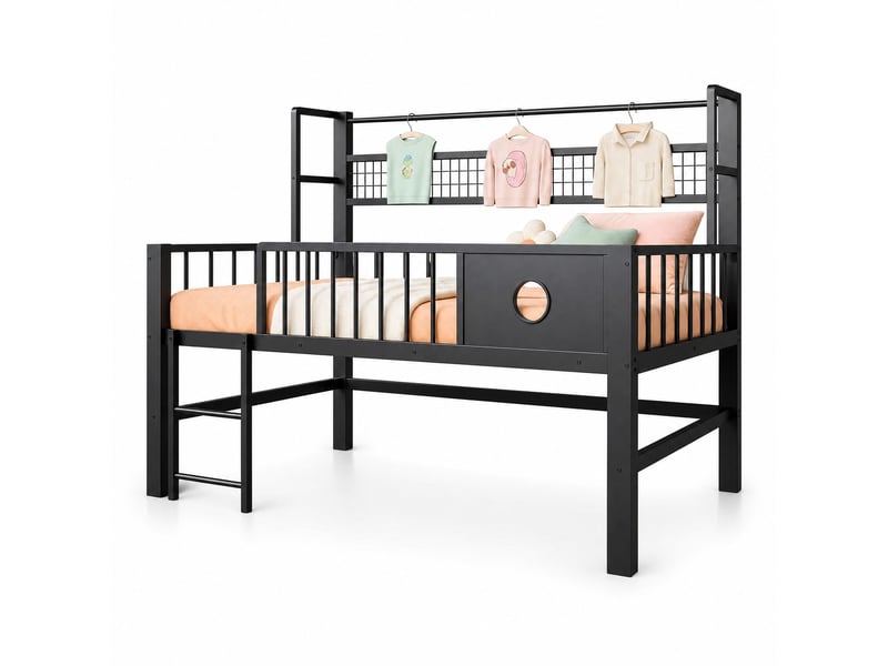 Lit mezzanine bas enfant 90 x 200 cm en métal avec rangement et étagère, noir - Conforama A