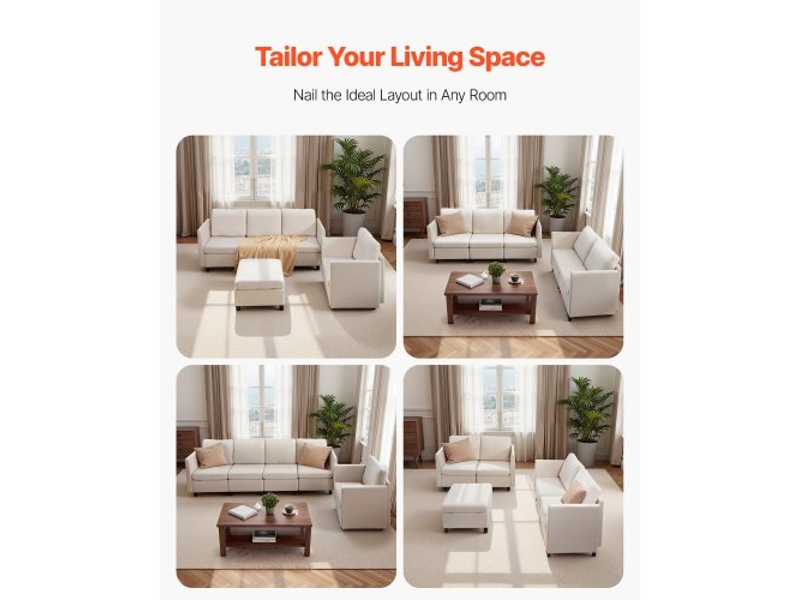 Canapé modulable sectionnel 5 places, canapé d'angle convertible moderne en mousse haute résilience avec rangement dissimulé, sofa rembourré avec cadre en bois massif, pour salon, chambre, beige - Conforama D