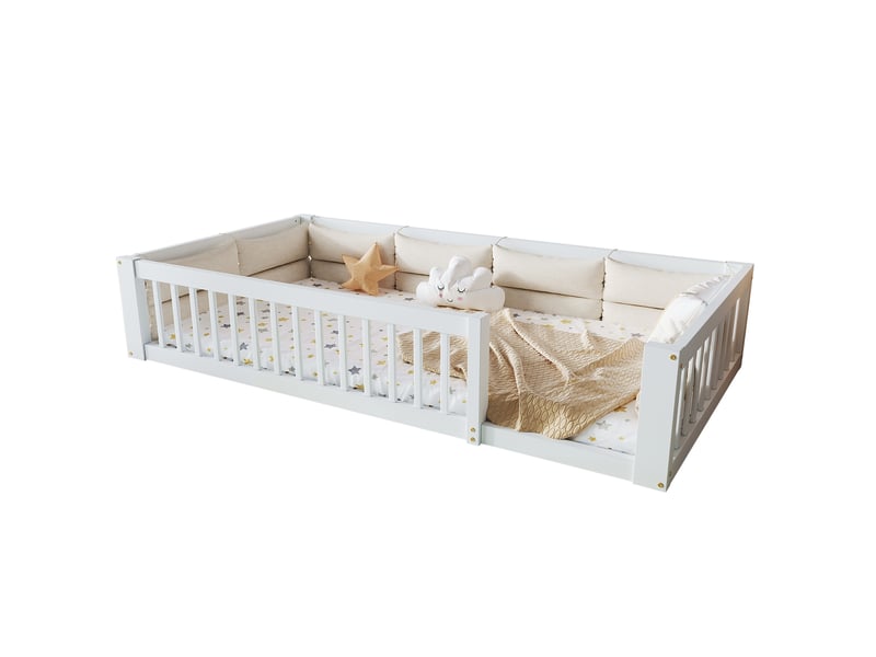  Elvmi lit plateforme 90x200 cm avec barrières de sécurité continues et coussins rembourrés, structure en bois massif et mdf, blanc, design sobre pour chambre d’enfant, d’adolescent ou d’appoint, montage requis  - Conforama D
