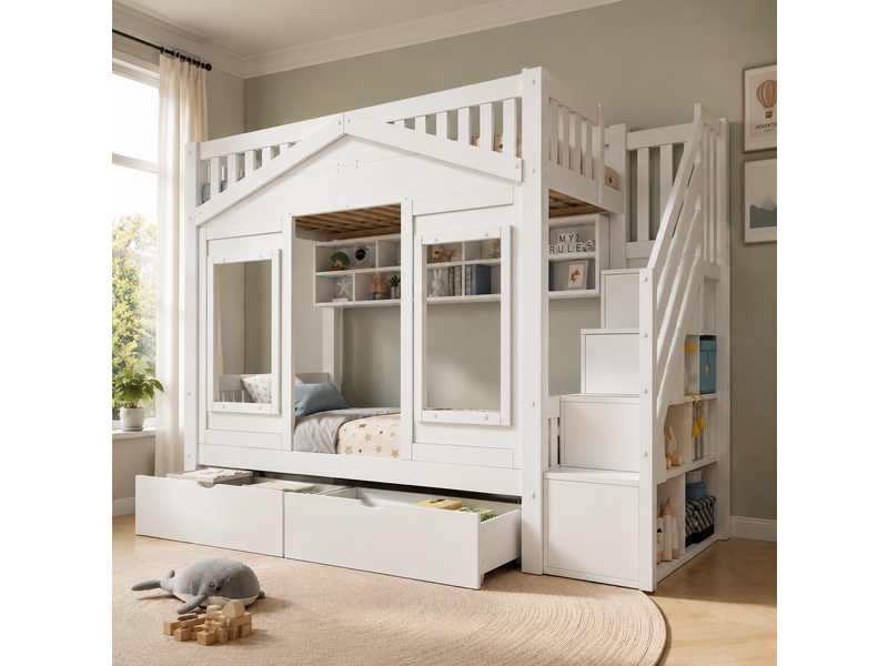  Lit mezzanine enfant 90 × 200 cm 1 place avec escalier de rangement, tiroir et barrières, sans matelas, blanc  - Conforama C