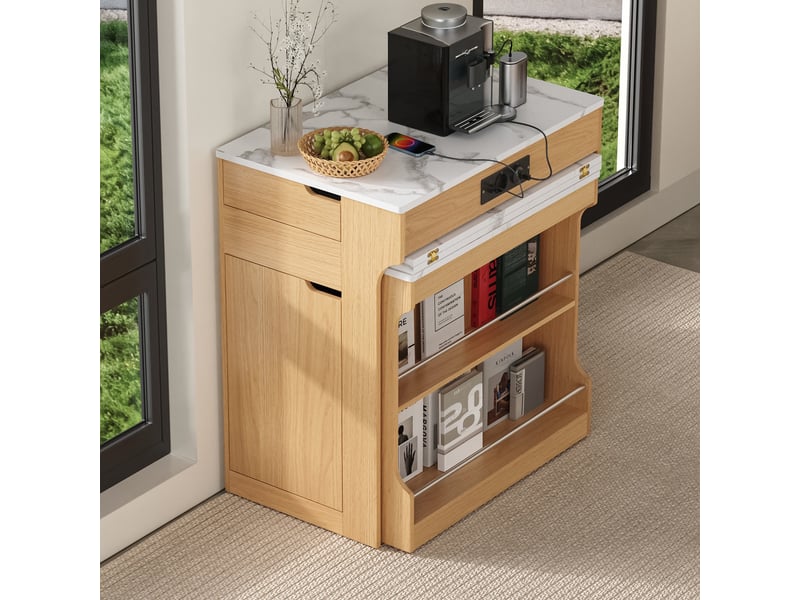  Ilot central de cuisine - 80x55x153cm - desserte extensible avec table, prises, étagères et roulettes - bois naturel  - Conforama D