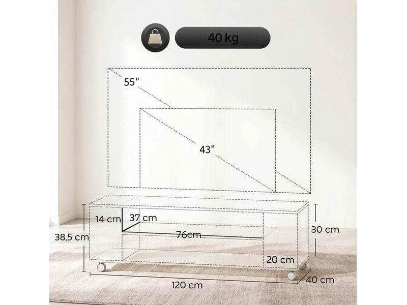  Meuble tv bas 120 x 40 cm à roulettes, pose au sol ou murale, blanc naturel  - Conforama C