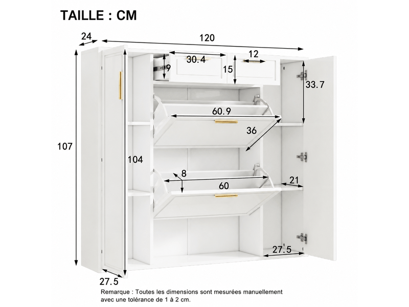  Meuble à chaussures blanc – 2 tiroirs, étagères réglables et portes abattantes – 120 x 24 x 107 cm  - Conforama D
