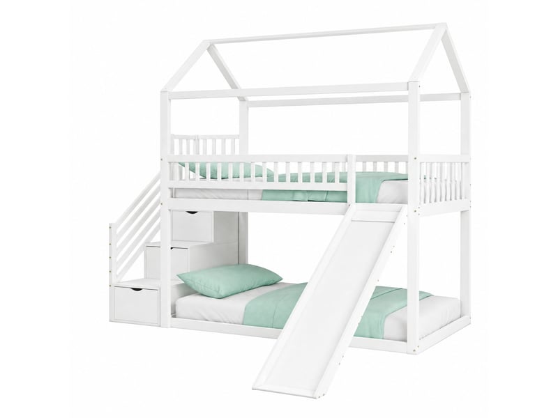  Lit mezzanine, 90x200 cm, lit en hauteur, avec toboggan, escalier de rangement, matelas non inclus, bois, coloris blanc  - Conforama A