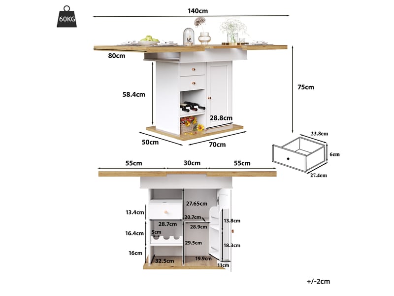 Table extensible télescopique, 110-140x80x75 cm, espace de rangement intégré avec tiroir, mdf, coloris blanc et naturel - Conforama C