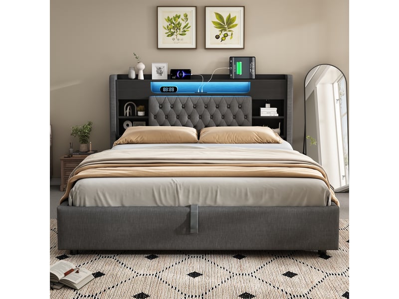 Lit coffre 140x200 cm, lit double avec rangement hydraulique, led, usbtype-c, tête de lit avec étagère, tissu en lin, sans matelas - gris - Conforama E