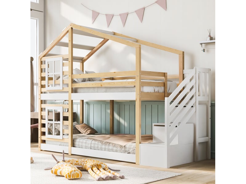  Lit superposé enfant cabane 90x200 avec rangements et barrières de sécurité evryae  - Conforama C