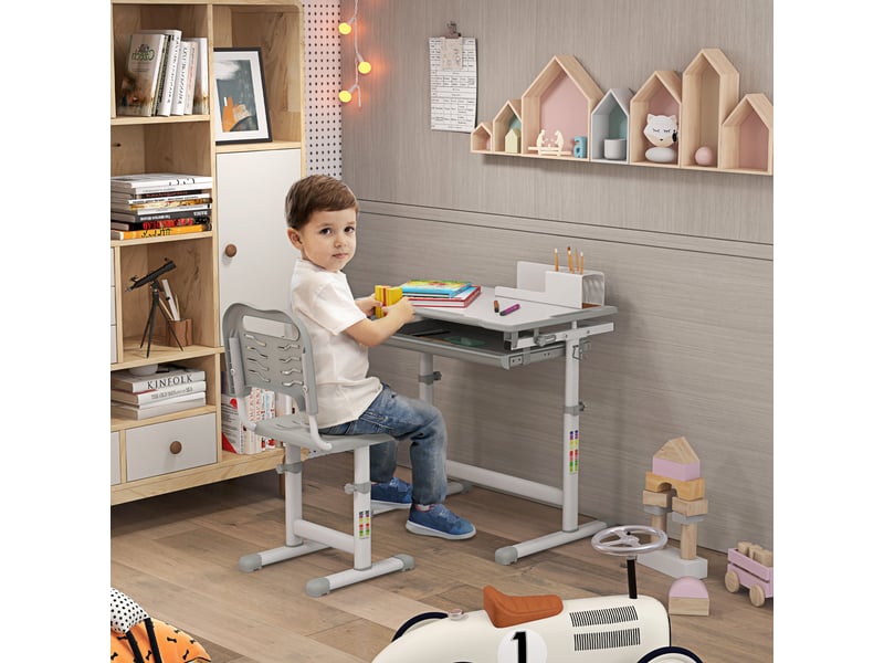  Bureau enfant 6-12 ans avec chaise et hauteur réglable, plateau inclinable, 66 x 47 x 52-77 cm, gris  - Conforama B