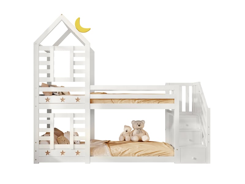 Lit superposé enfant 90x200 cm – blanc – cabane avec escalier de rangement et 2 tiroirs, sans matelas - Conforama A