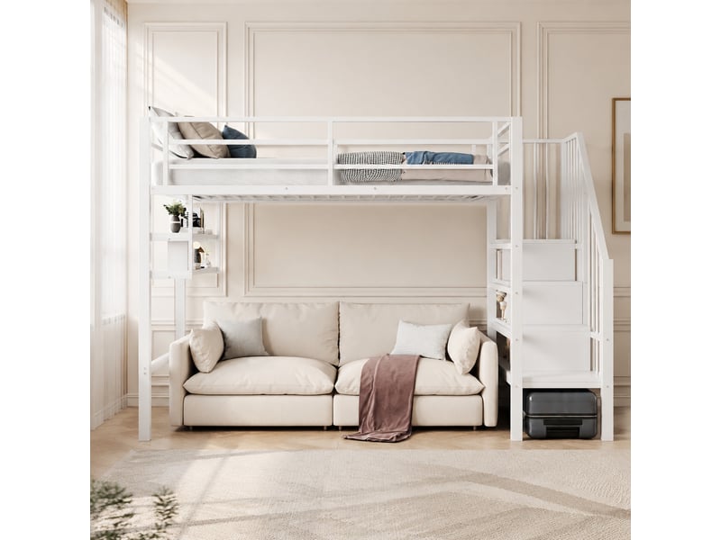  Lit mezzanine enfant 200×90 cm avec étagères, échelle avec rangement et garde-corps, sans matelas, en métal et mdf blanc  - Conforama B