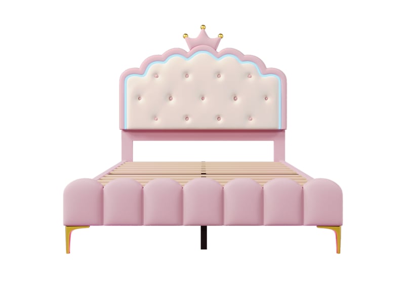  Lit enfant 140x200 cm avec tête de lit couronne, éclairage led, sommier à lattes, sans matelas, rose  - Conforama A