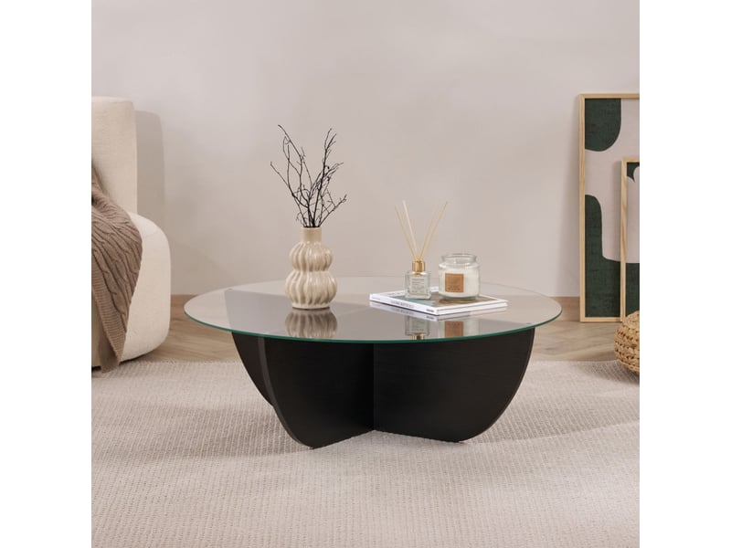  Table basse de salon en verre trempé et bois mdf mélaminé bois noir 90 x 90 x 30 cm  - Conforama B