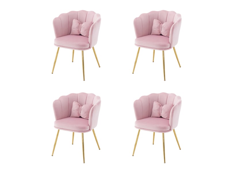  Lot de 4 chaises de salon, chaise rembourrée avec dossier en pétale, pieds en métal plaqué or et coussin papillon, rose, en velours  - Conforama A