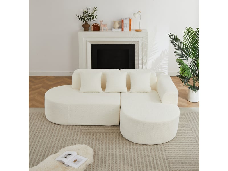 Canapé d’angle en l 3 places 222x157x73 cm avec méridienne droite, formes arrondies style wabi-sabi, 3 coussins dossier, chenille beige - Conforama C