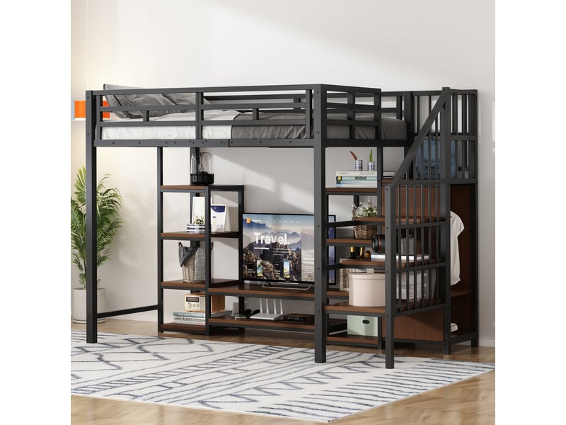  Lit surélevé 90x200 cm noir, support tv, prise et échelle sécurisée, structure métal-bois gain de place  - Conforama D