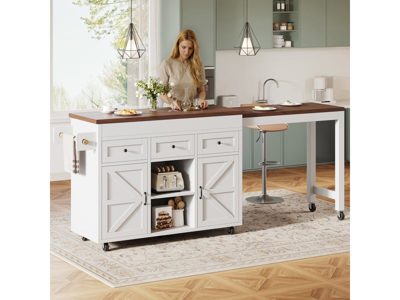 Îlot central cuisine blanc, table de bar extensible (131-210cm) et pivotante 360° avec rangement et tiroirs.  - Conforama C