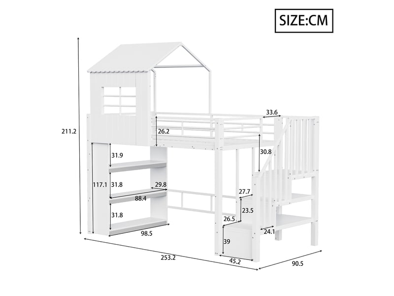  Lit mezzanine enfant 90 x 200 cm avec escalier réversible et rangements, blanc  - Conforama C
