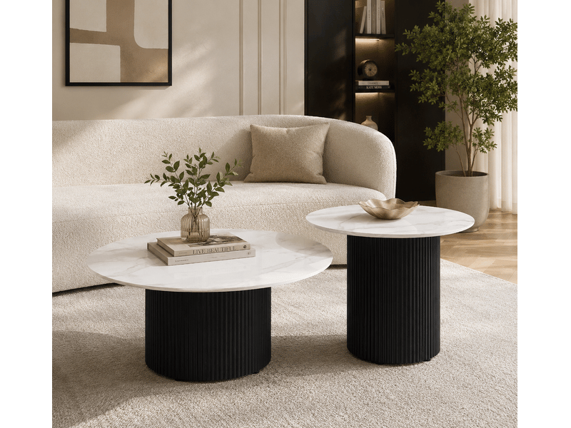  Duo tables gigognes rondes céramique marbre blanc &amp; métal noir ø80 cm – baieta  - Conforama E