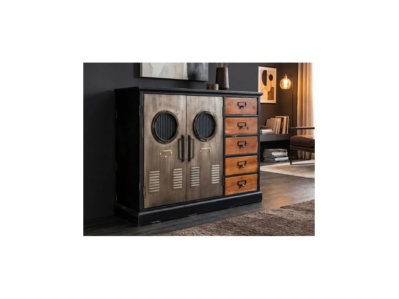  Buffet locker 105 cm – bois de pin, mdf, verre et métal – 2 portes et 5 tiroirs  - Conforama D