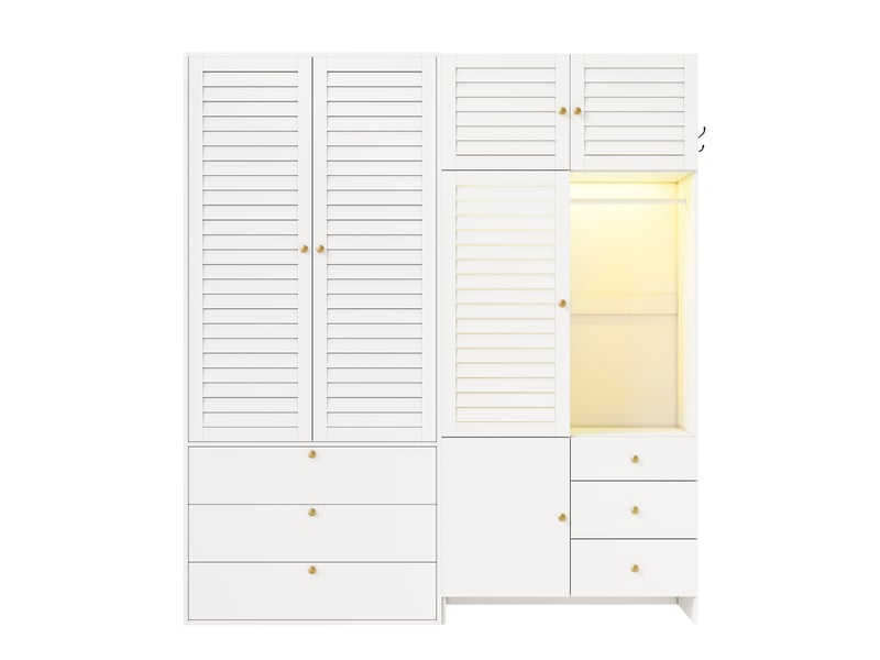  Armoire 5 portes avec led, panier à linge et 6 tiroirs 180x50x200 cm blanche  - Conforama A