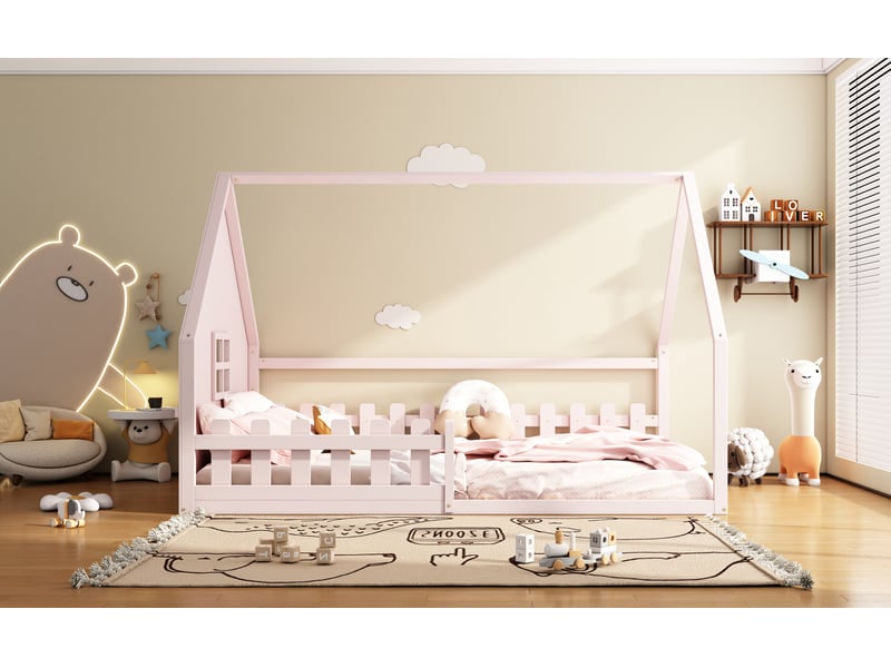  Lit enfant 140x200 cm en pin rose - barrière de sécurité - structure solide  - Conforama D