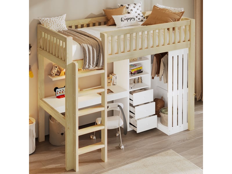 Lit mezzanine enfant avec bureau et armoire, couchage 90 x 200 cm, structure en pin et mdf, 3 tiroirs - Conforama B