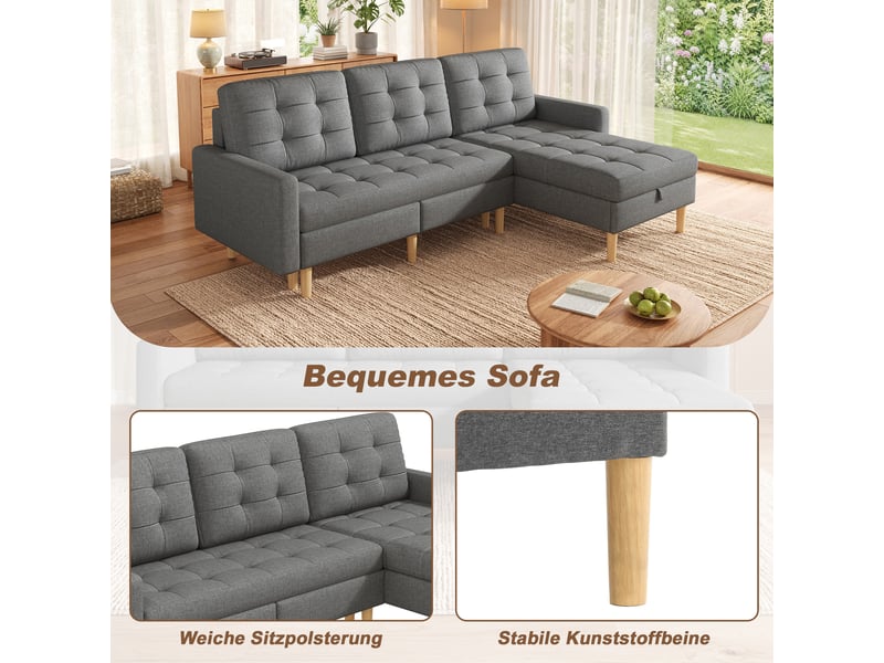 Canapé d'angle, canapé convertible, 3 places, en tissu, gris, 212x130x86 cm, mobilier pour espace de vie, pour salon - Conforama W