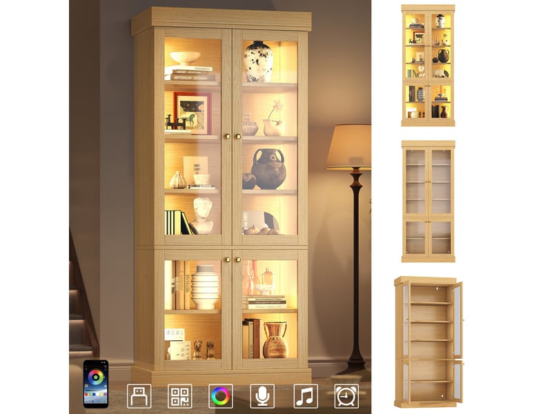  Armoire haute vitrine-buffet haut led éclairage d‘ambiance-étagères réglables bois anti-basculement double-80x40x180-noyer naturel  - Conforama B