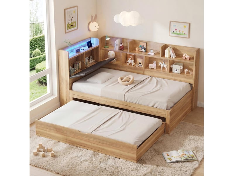  Lit gigogne enfant 90x200 cm avec rangements, led et prises usb, coloris naturel  - Conforama B