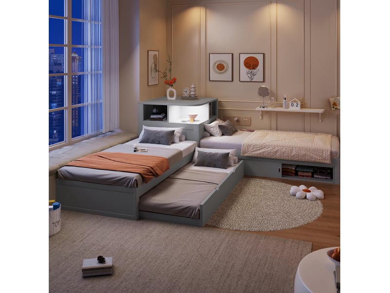  Lit gigogne 90 × 200 cm 1 place avec rangement à portes coulissantes et led, sans matelas, en pin, gris  - Conforama B