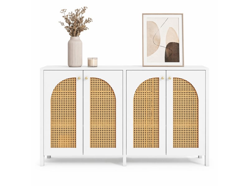 Buffet 4 portes en rotin synthétique avec étagères réglables pour salon 145×40×80 cm blanc - Conforama B