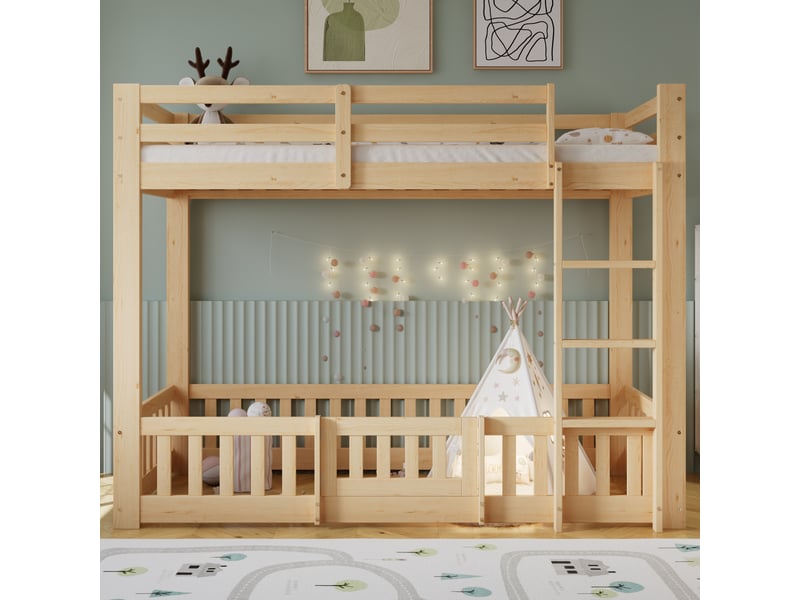  Lit mezzanine enfant 90×200 cm avec escalier, barrières et porte, bois naturel sans matelas  - Conforama C