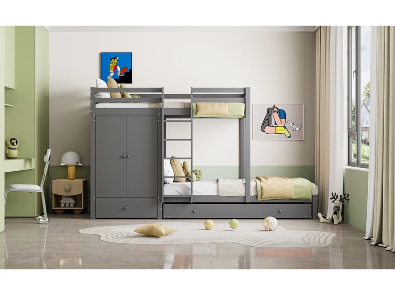  Lit superposé en bois massif 90x200 cm avec lit gigogne, lit enfant avec armoire, tiroirs et compartiment de rangement, gris  - Conforama E