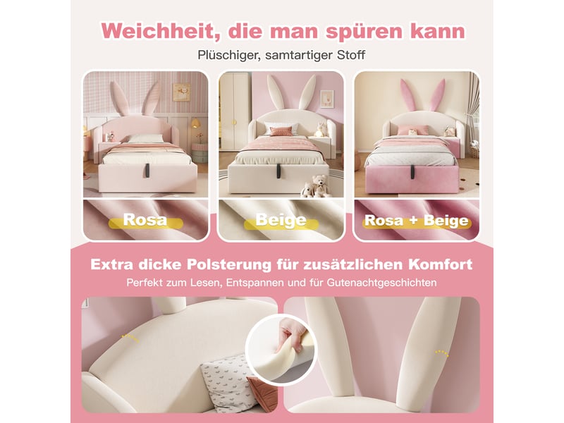Lit coffre 90x190 cm, lit enfant, rangement hydraulique, table de chevet, motif lapin, velours beige - Conforama E