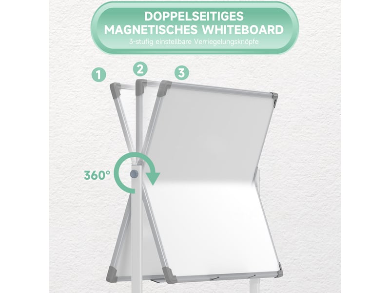  Tableau blanc magnétique double face 120 x 90 cm blanc, pivotant 360 degrés sur roulettes avec accessoires  - Conforama E
