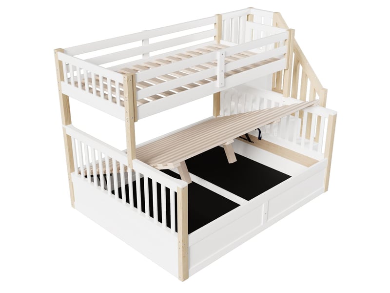 Lit superposé 90140x200cm avec escalier de rangement - lit superposé enfant - coffre hydraulique, pin blanc et naturel - Conforama D