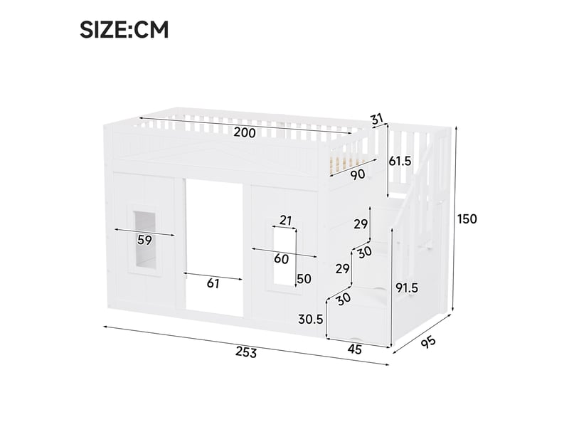  Lit mezzanine enfant 90x200 cm avec escalier de rangement et led, blanc, sans matelas  - Conforama C