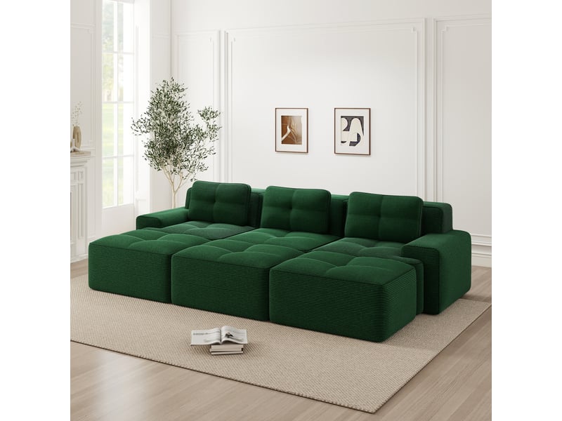  Canapé d’angle modulaire 3 places avec fonction couchage, assise profonde et 3 poufs en velours côtelé vert  - Conforama D