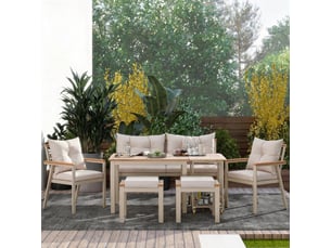 Ensemble repas de jardin en acacia 6-7 places, fauteuils, desserte amovible