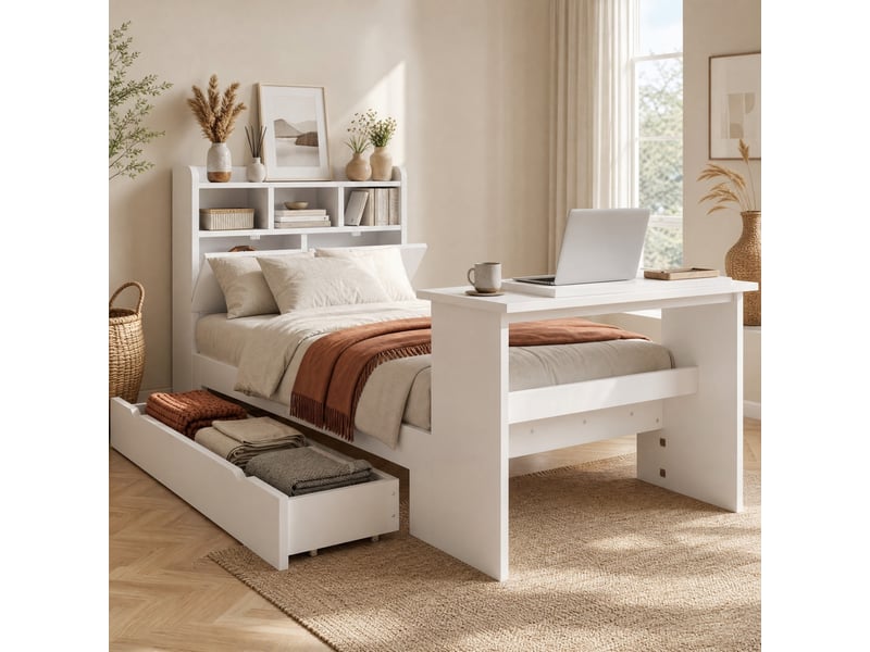  Lit simple enfant 90×200 cm avec tiroir, étagères et table rabattable - okmyhome- blanc, sans matelas  - Conforama B
