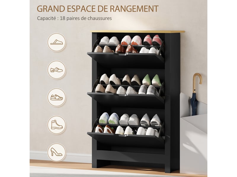  Armoire à chaussures 3 portes abattantes 2 compartiments panneaux particules noir chêne  - Conforama E