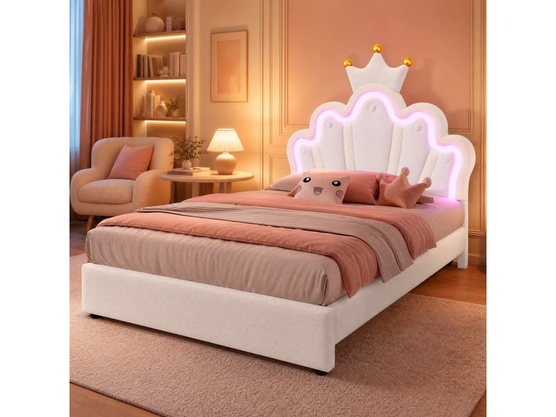 Lit enfant 200×90 cm avec 2 tiroirs et éclairage led, tête de lit réglable, sans matelas, en pu blanc - Conforama B