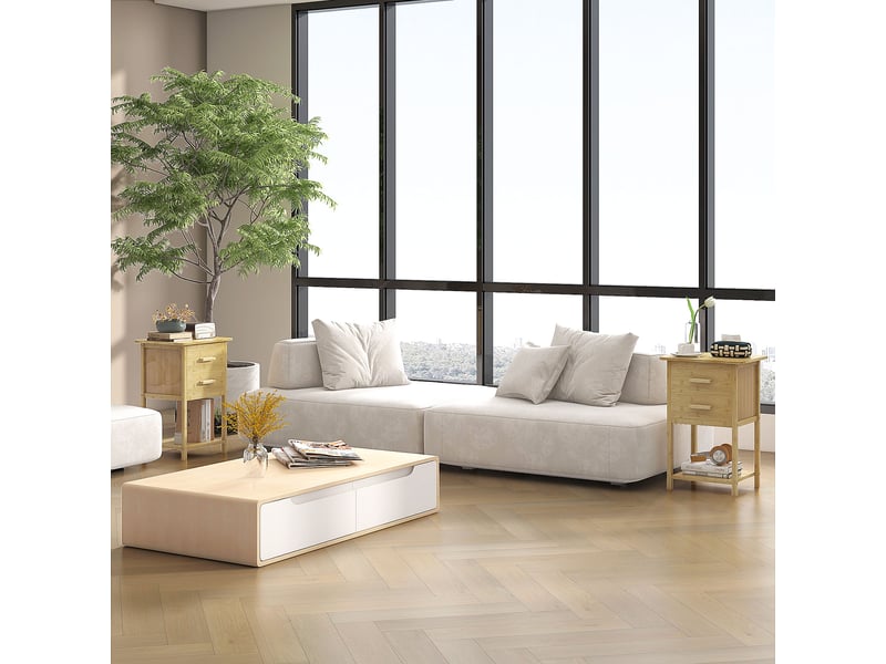  Lot de 2 tables de chevet table de nuit en bambou avec 2 tiroirs et 1 étagère 40 x 34 x 60 cm naturel  - Conforama D