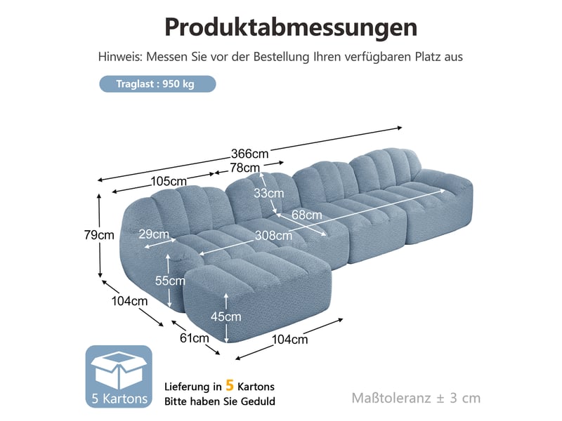 Canapé d’angle coquille 4 places avec pouf bleu – 366 x 165 x 79 cm Fay Lum - Conforama C