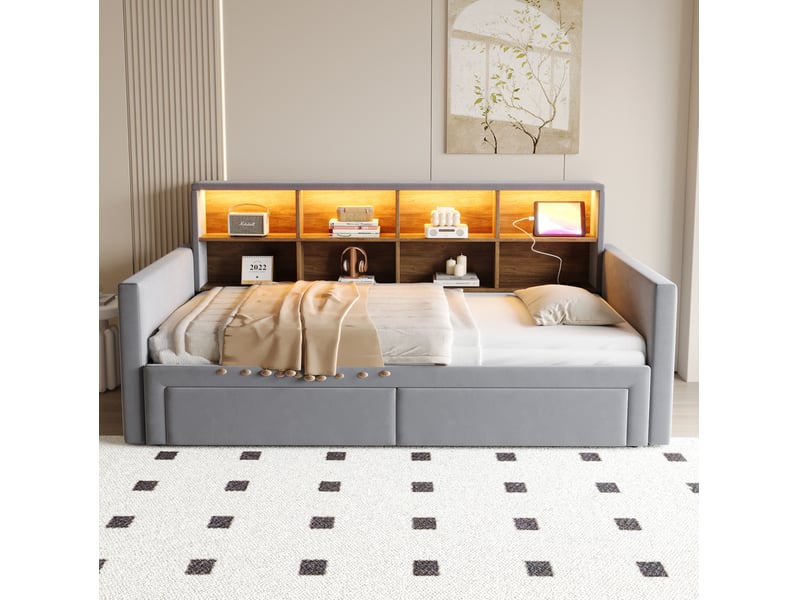 Lit gigogne 90180 x 190 cm en velours gris foncé avec rangement, led et prises  - Conforama D