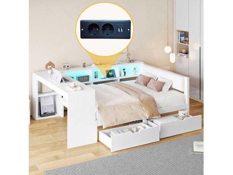  Lit plateforme 140x200 cm avec tiroirs, étagères, led et station de charge blanc  - Conforama E