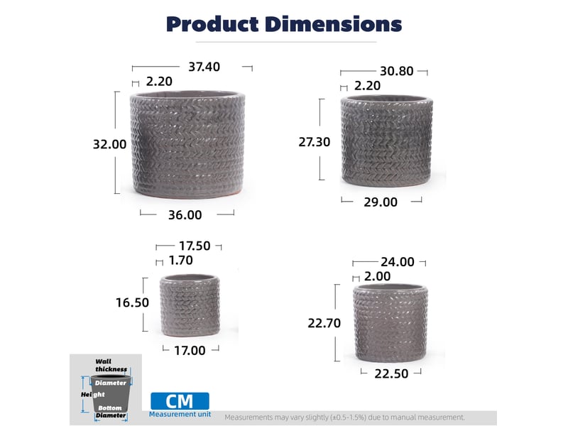  Pot de plantation en céramique ø31 cm – gris brillant – relief chevrons, drainage et résistant au gel  - Conforama C
