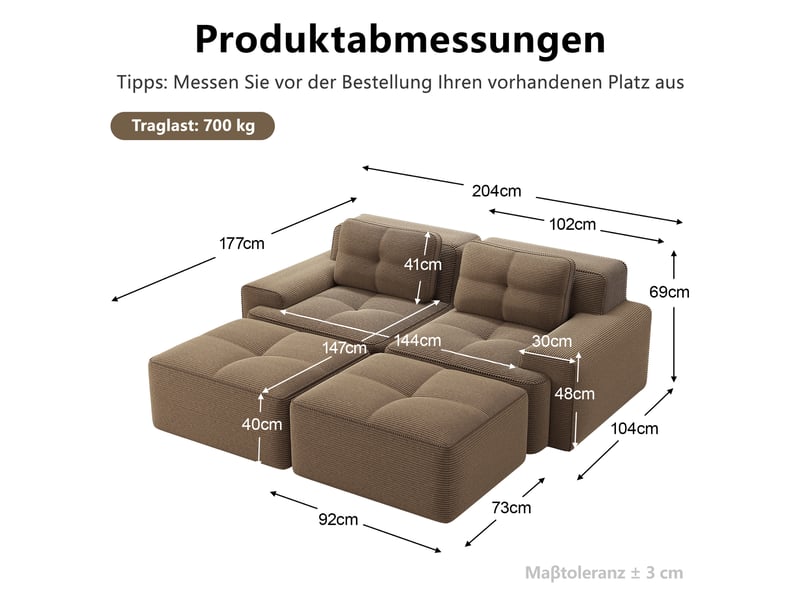  Canapé d'angle, canapé modulable – sans montage, avec pouf, en velours tricoté, forme u, 2 places, marron, style cloud, sans cadre, assise profonde  - Conforama E