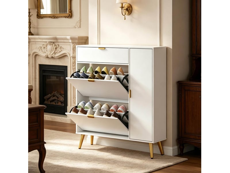 Meuble à chaussures l99,4 x p23,8 x h106,6 cm en mdf et panneaux de particules avec rangements rabattables blanc chicfurn - Conforama C