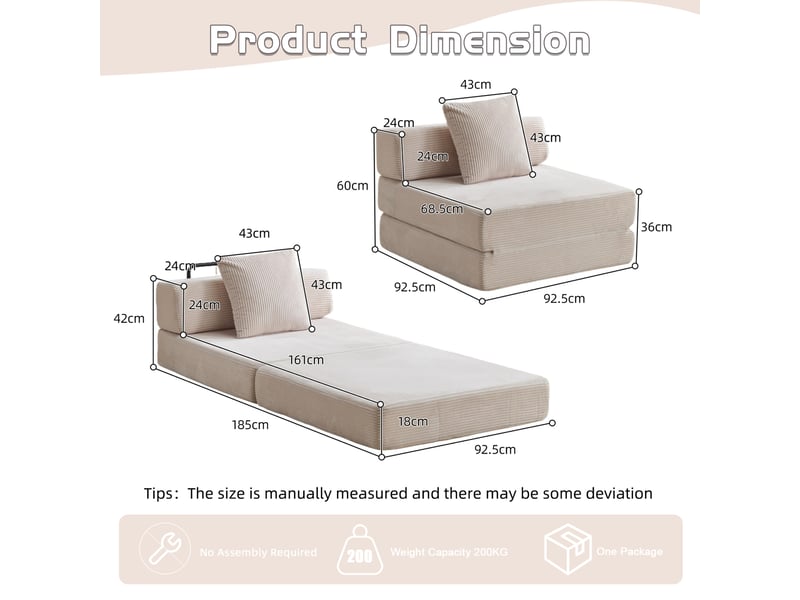  Canapé convertible 1 place 92,5 x 92,5 cm – blanc – velours côtelé, couchage 185 cm prêt à déplier  - Conforama C